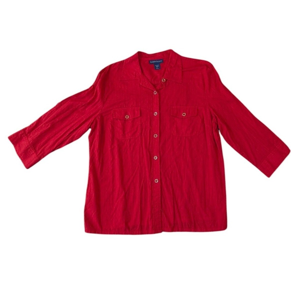 Karen Scott Womens Red 100% Cotton Textured Button Down Utility Shirt Size Large